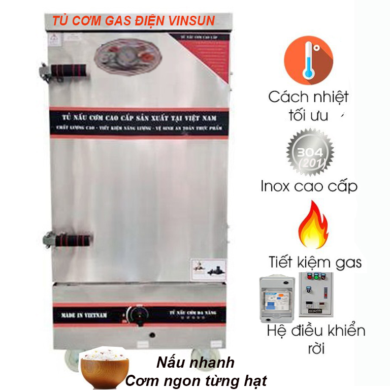 Tủ Cơm 10 Khay Gas Điện Nấu 30 Kg Gạo VinSun
